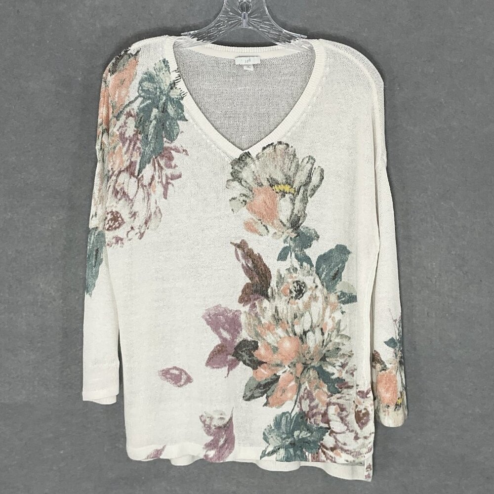 J. Jill Sweater Women M P White Floral Linen Knit V-Neck Pullover Lightweight*